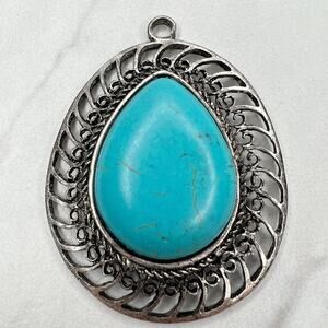 Faux Turquoise Teardrop Cabochon Silver Tone Pendant